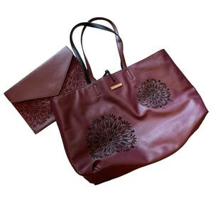 Desigual Reversible Faux Leather Tote Bag and Pouch Maroon Black